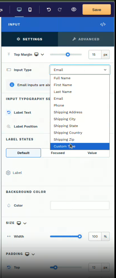 ClickFunnels - Change input type to Custom Type