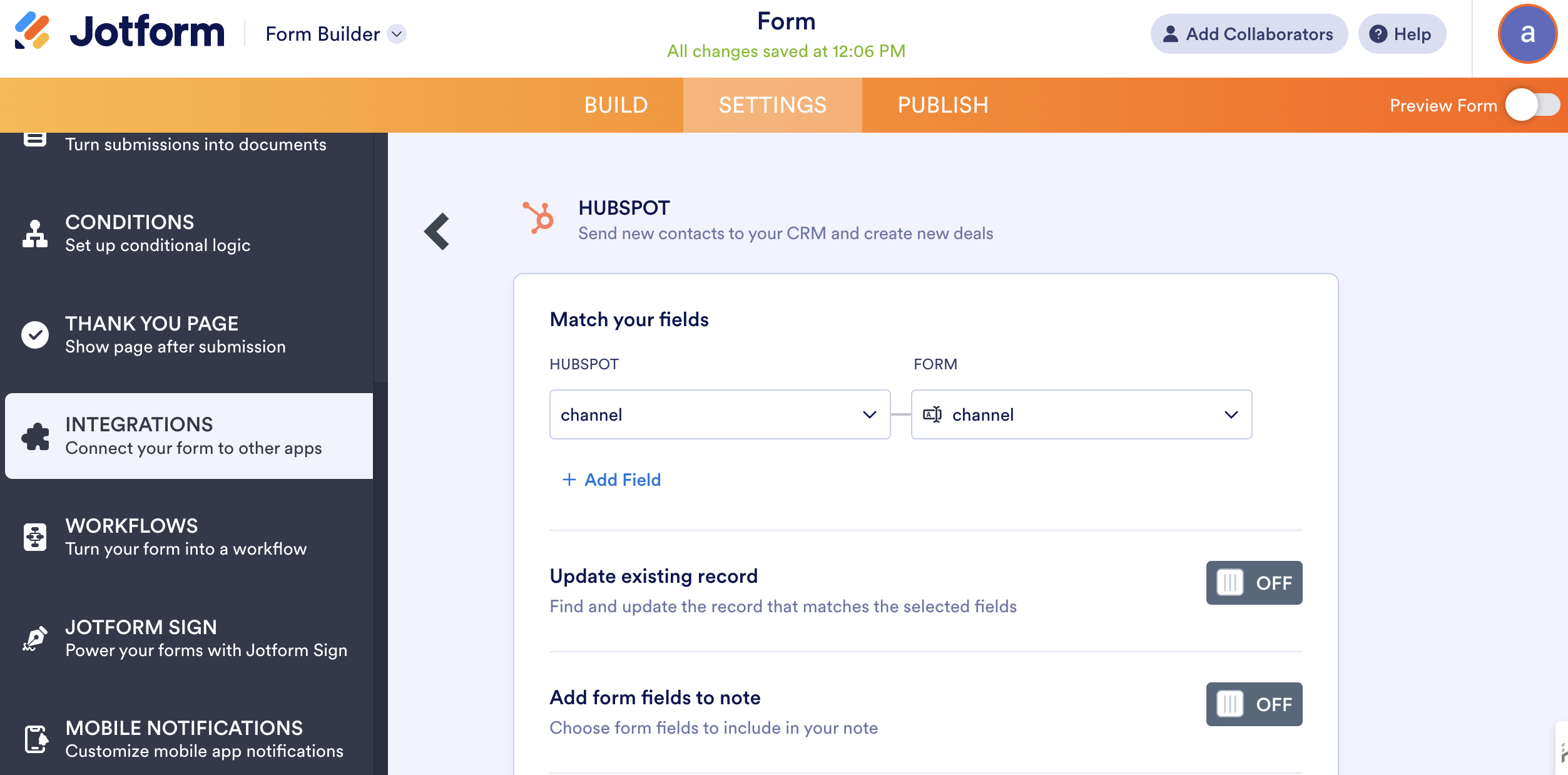 Example field mapping screen showing JotForm to HubSpot mapping for Attry fields