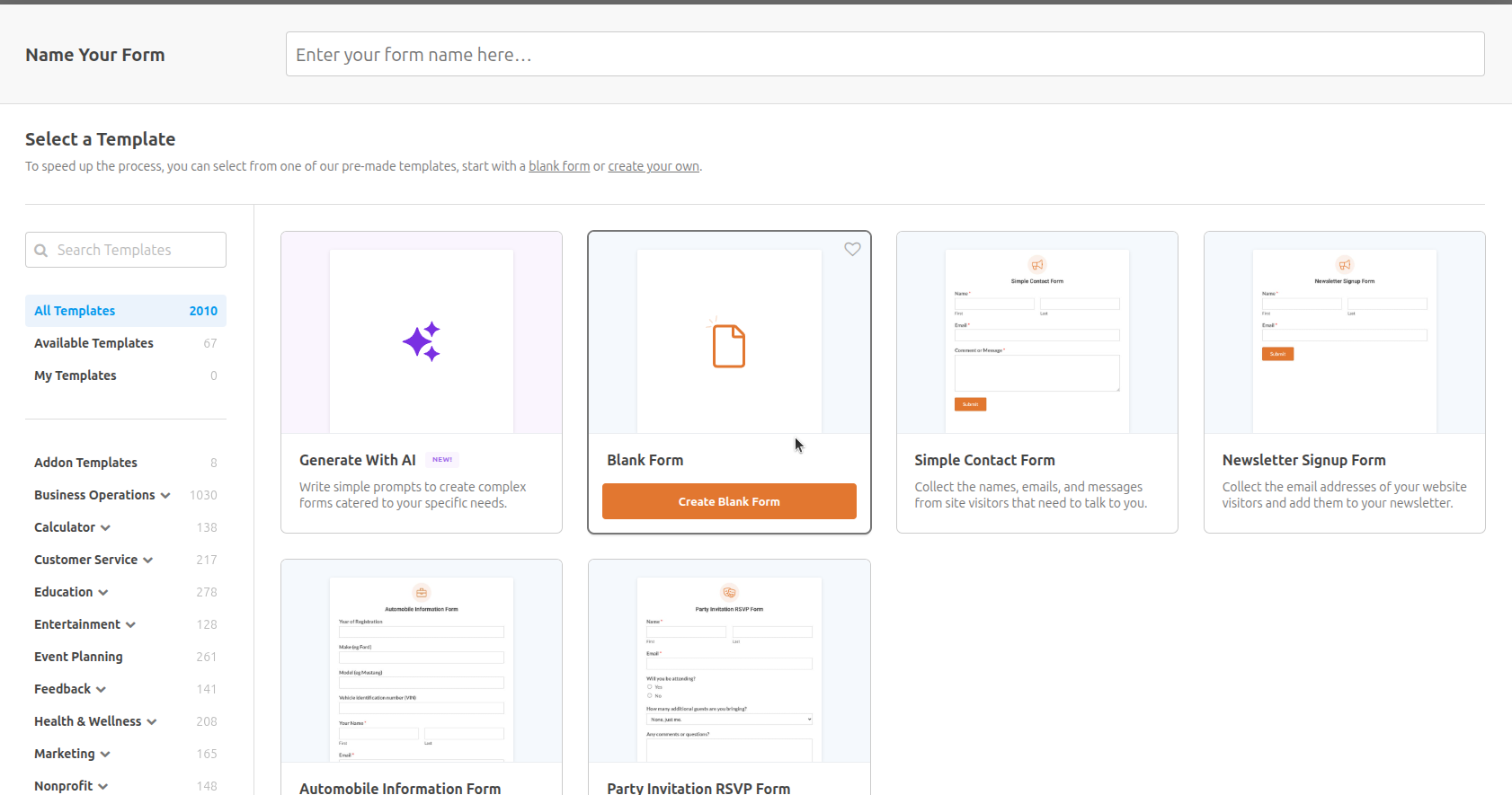 WPForms - Blank Form template selection